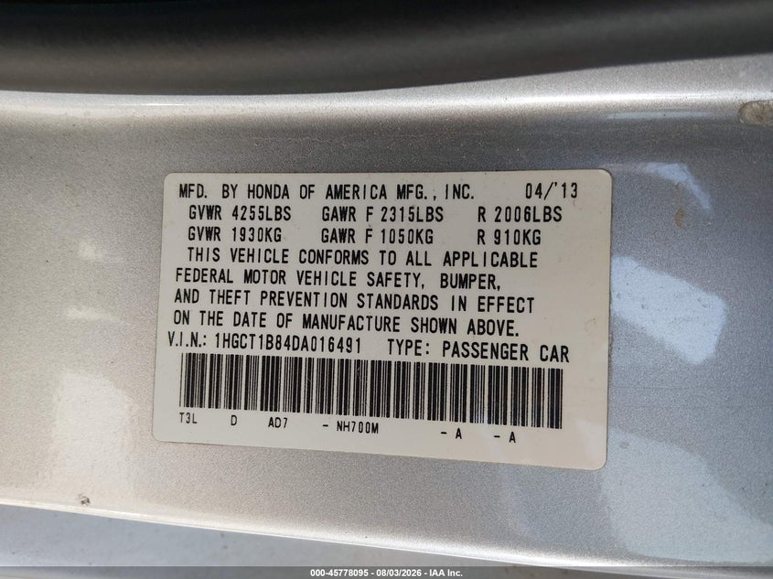 2013 Honda Accord VIN 1HGCT1B84DA016491 IAAI salvage auction — REAR END, Clear (Arkansas), sold $2,250 on 2026-08-22 (photo 9)