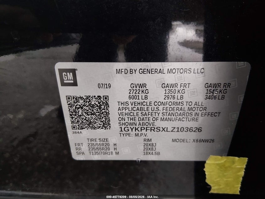 2020 Cadillac Xt6 VIN 1GYKPFRSXLZ103626 IAAI salvage auction — FRONT END, Salvage Title, sold $5,400 on 2026-08-27 (photo 9)