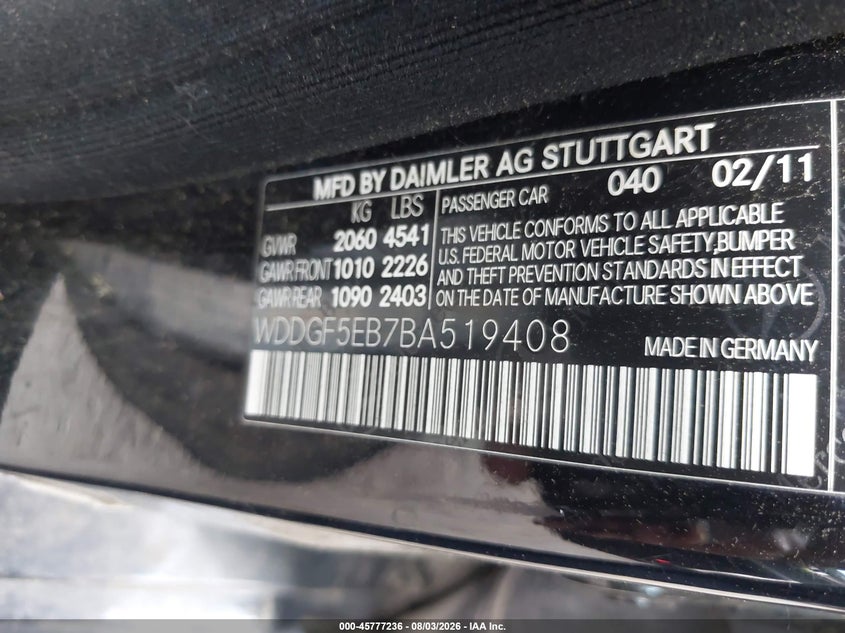 2011 Mercedes-benz C class VIN WDDGF5EB7BA519408 IAAI salvage auction — FRONT & REAR, Parts Only Bos (Maryland), sold $500 on 2026-08-12 (photo 9)