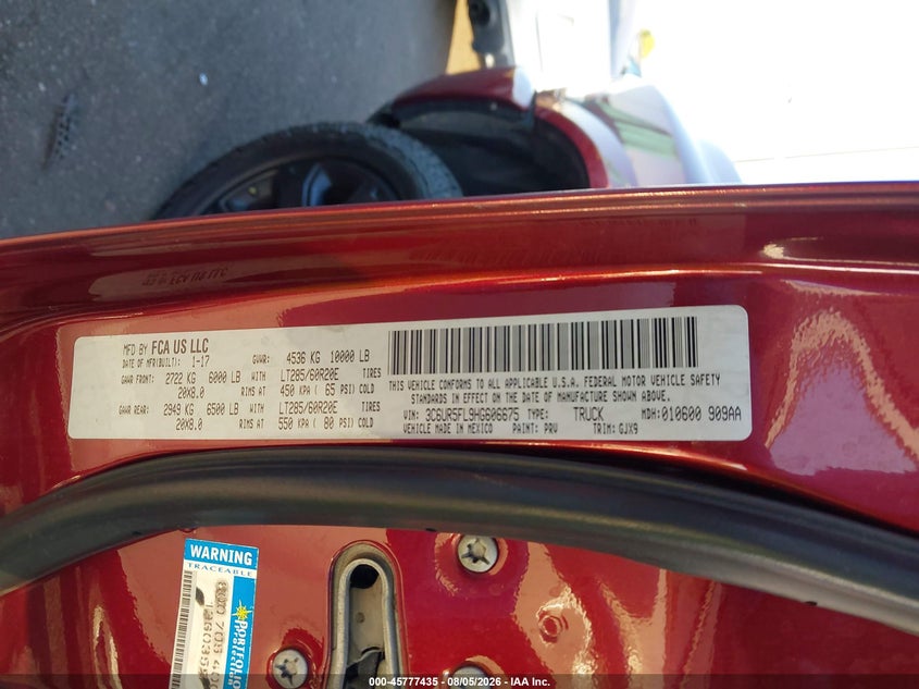 2017 Ram 2500 VIN 3C6UR5FL9HG606675 IAAI salvage auction — ENGINE DAMAGE, Salvage Title, sold $14,975 on 2026-09-04 (photo 9)
