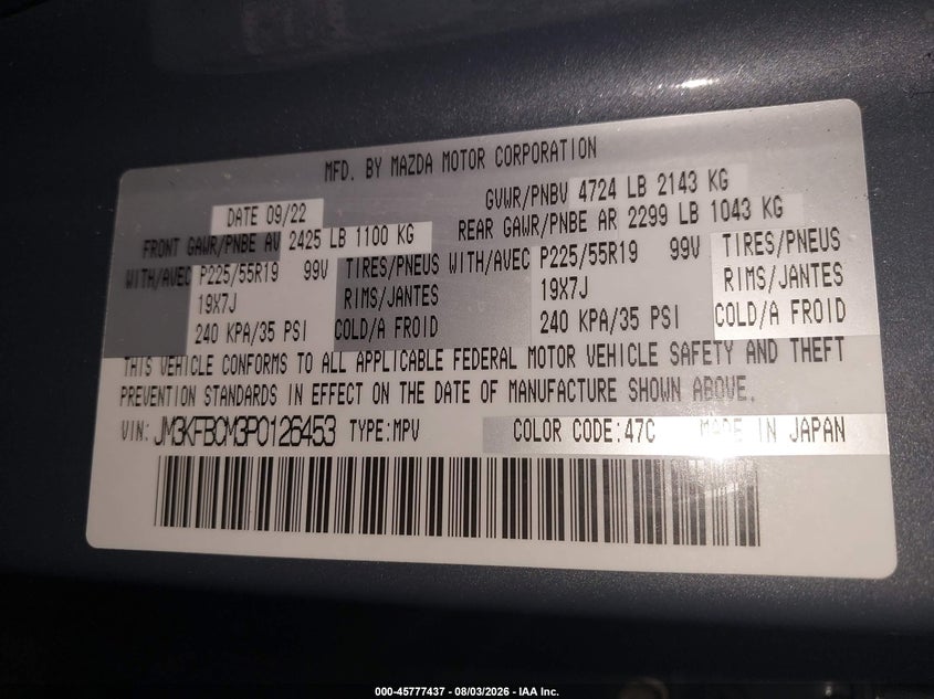 2023 Mazda Cx-5 VIN JM3KFBCM3P0126453 IAAI salvage auction — FRONT END, Wait Title, sold $4,700 on 2026-10-01 (photo 9)