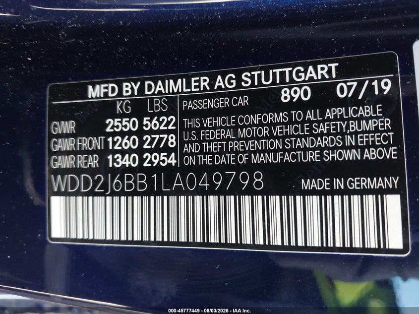 2020 Mercedes-benz VIN WDD2J6BB1LA049798 IAAI salvage auction — WATER/FLOOD, Salvage Title, sold $20,400 on 2026-08-16 (photo 9)