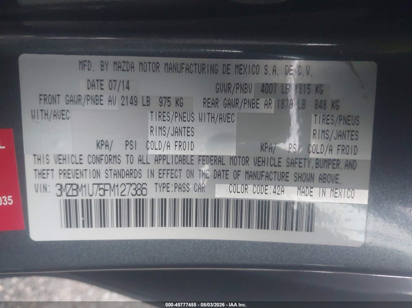 2015 Mazda 3 VIN 3MZBM1U75FM127386 IAAI salvage auction — LEFT SIDE, Salvage (Idaho), sold $1,750 on 2026-09-05 (photo 9)