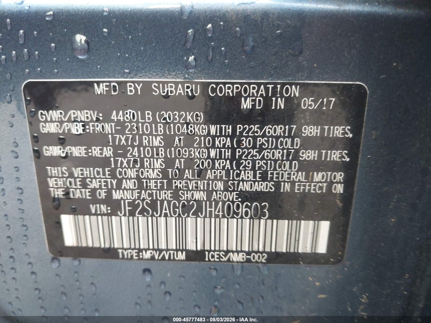 2018 Subaru Forester VIN JF2SJAGC2JH409603 IAAI salvage auction — LEFT & RIGHT, Salvage (Massachusetts), sold $1,050 on 2026-09-26 (photo 9)