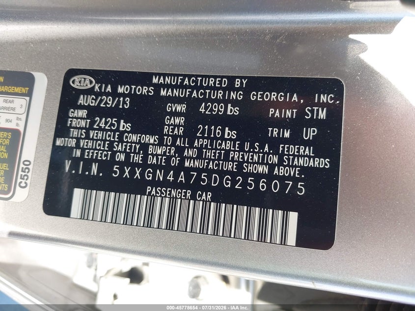 2013 Kia Optima VIN 5XXGN4A75DG256075 IAAI salvage auction — FRONT END, Salvage Title, sold $1,750 on 2026-08-24 (photo 9)