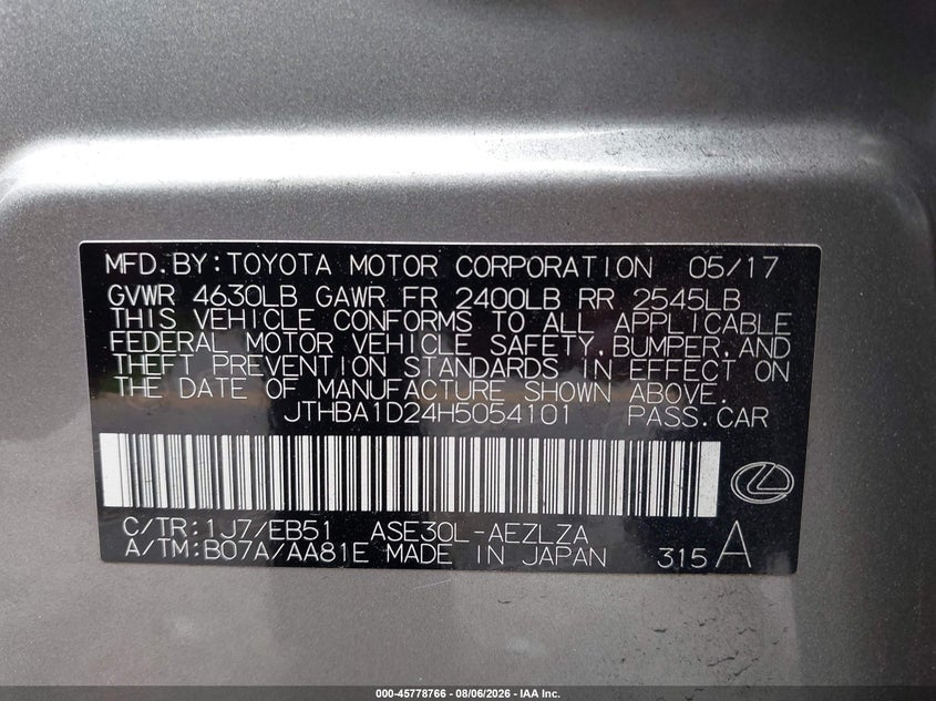 2017 Lexus VIN JTHBA1D24H5054101 IAAI salvage auction — REAR END, Salvage Title, sold $6,775 on 2026-09-13 (photo 9)