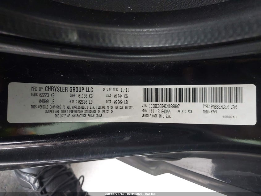 2012 Chrysler 200 VIN 1C3BCBEB4CN168807 IAAI salvage auction — FRONT END, Wait Title, sold $825 on 2026-08-20 (photo 9)