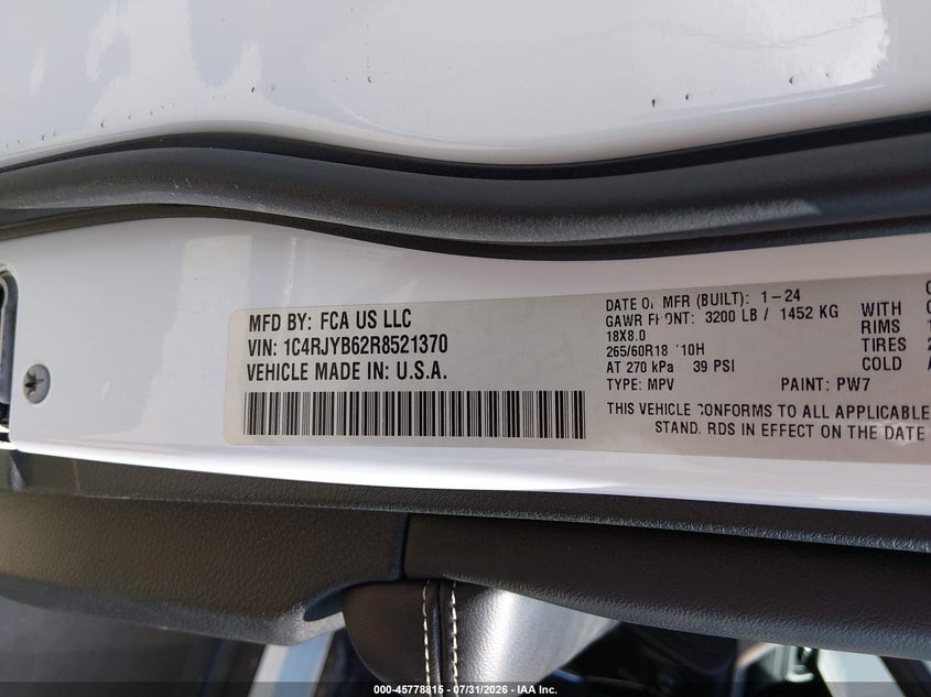 2024 Jeep Grand cherokee VIN 1C4RJYB62R8521370 IAAI salvage auction — FRONT END, Salvage Title, sold $13,450 on 2026-08-11 (photo 9)