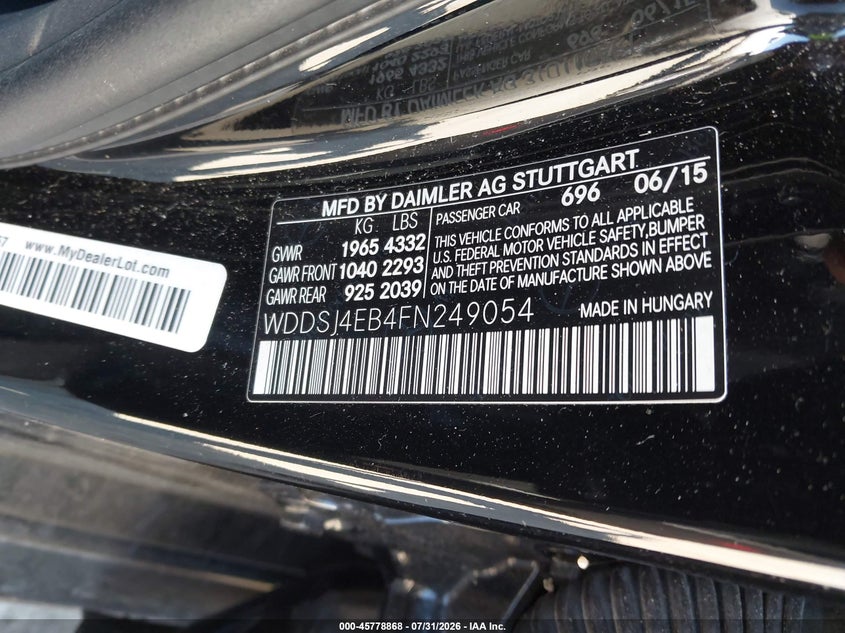 2015 Mercedes-benz Cla-klasse VIN WDDSJ4EB4FN249054 IAAI salvage auction — NORMAL WEAR, App For Dup Clear (California), sold $775 on 2026-08-20 (photo 9)