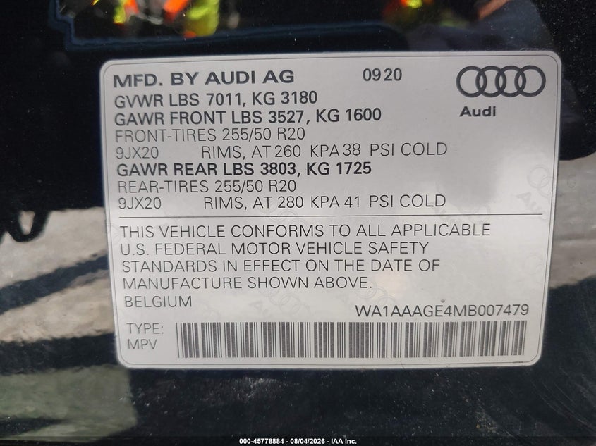 2021 Audi E-tron VIN WA1AAAGE4MB007479 IAAI salvage auction — REAR END, Wait Title, sold $10,500 on 2026-09-05 (photo 8)