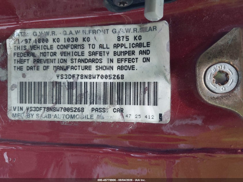 1998 Saab 900 VIN YS3DF78N8W7005268 IAAI salvage auction — NORMAL WEAR, Original (Texas), sold $100 on 2026-08-10 (photo 9)