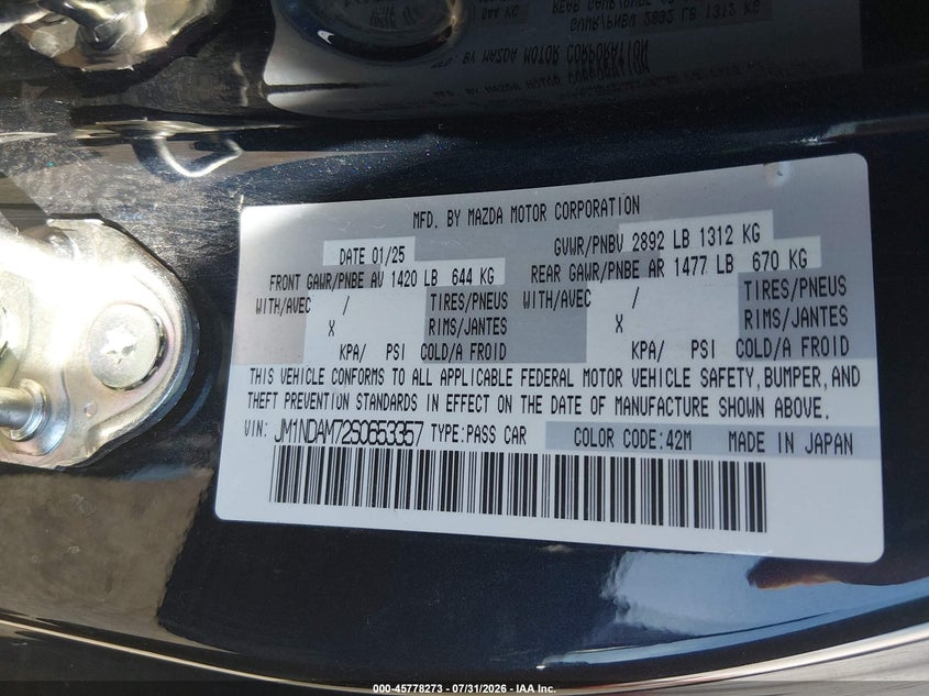 2025 Mazda Mx-5 VIN JM1NDAM72S0653357 IAAI salvage auction — FRONT END, Salvage Title, sold $21,025 on 2026-08-05 (photo 9)