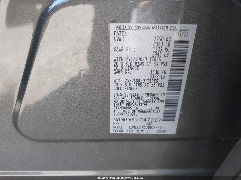 2025 Nissan Pathfinder VIN 5N1DR3DK9SC247227 IAAI salvage auction — REAR END, Salvage (Pennsylvania), sold $19,900 on 2026-09-01 (photo 9)