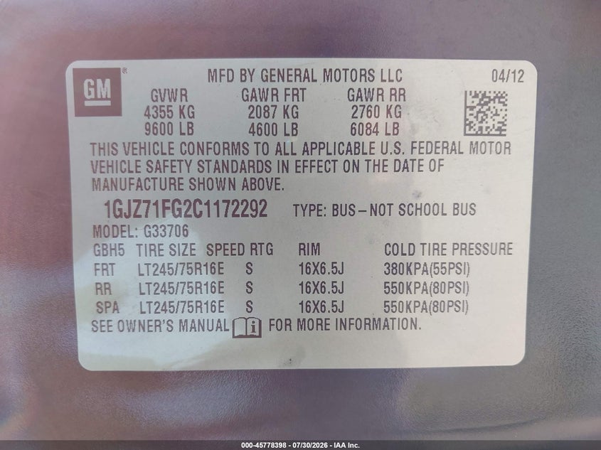2012 Gmc Savana VIN 1GJZ71FG2C1172292 IAAI salvage auction — UNKNOWN, Rebuilt (Indiana), sold $8,000 on 2026-08-11 (photo 9)