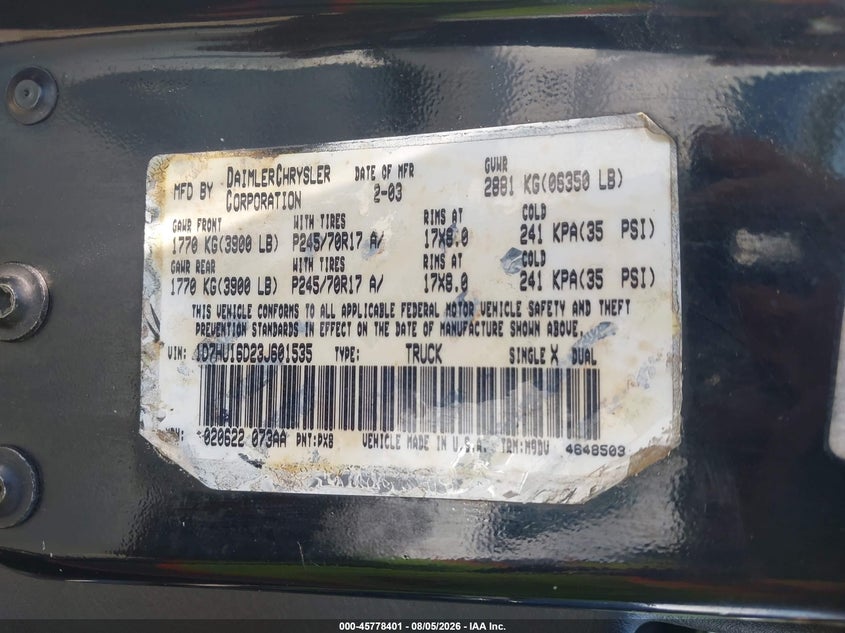 2003 Dodge Ram 1500 VIN 1D7HU16D23J601535 IAAI salvage auction — SIDE, Salvage (West Virginia), sold $2,250 on 2026-09-04 (photo 9)
