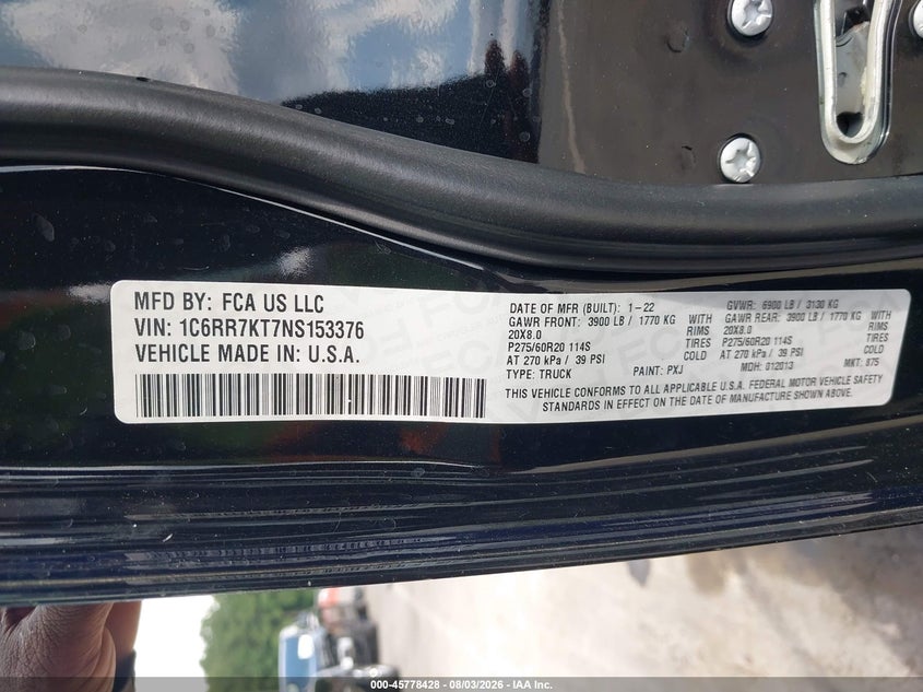 2022 Ram 1500 VIN 1C6RR7KT7NS153376 IAAI salvage auction — SIDE, Salvage Title, sold $675 on 2026-08-27 (photo 9)