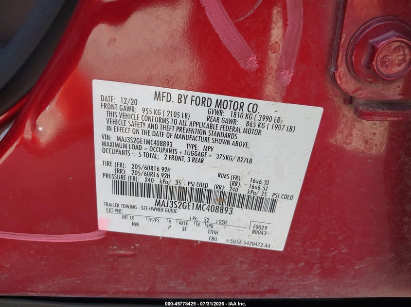 2021 Ford Ecosport VIN MAJ3S2GE1MC408893 IAAI salvage auction — SIDE, Wait Title, sold $1,250 on 2026-10-05 (photo 9)