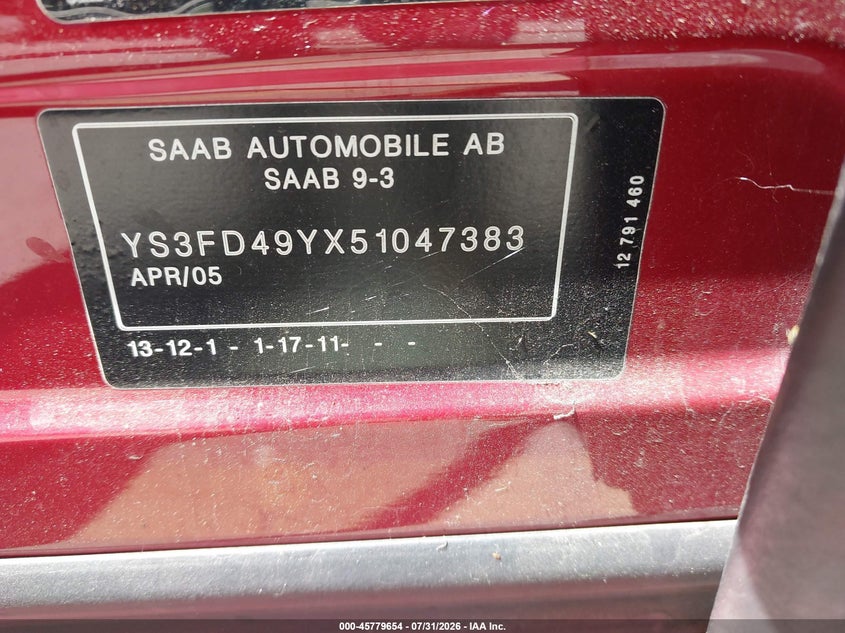 2005 Saab 9-3 VIN YS3FD49YX51047383 IAAI salvage auction — ELECTRICAL, Clear - Dealer Only (California), sold $150 on 2026-08-10 (photo 9)