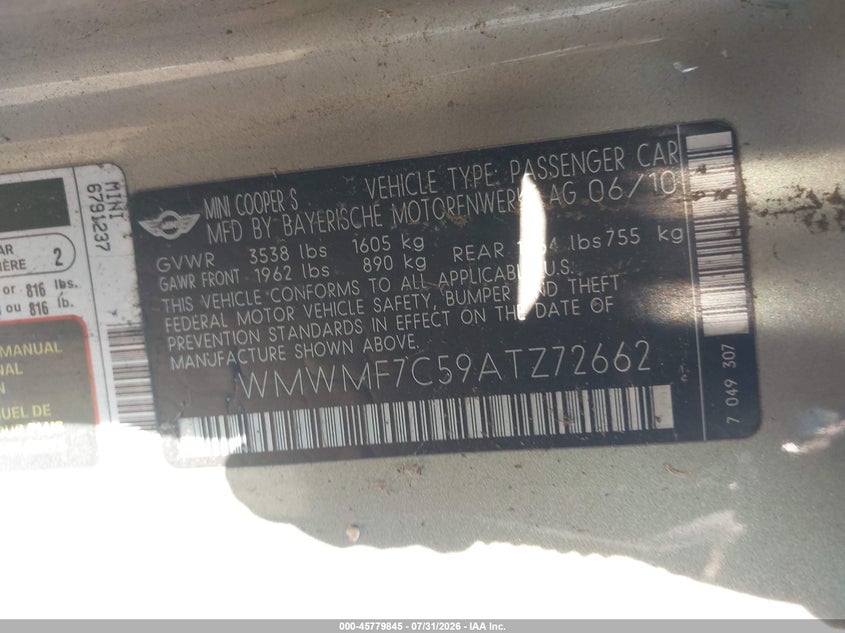 2010 Mini Cooper VIN WMWMF7C59ATZ72662 IAAI salvage auction — NORMAL WEAR, Clear - Dealer Only (California), sold $200 on 2026-09-02 (photo 9)