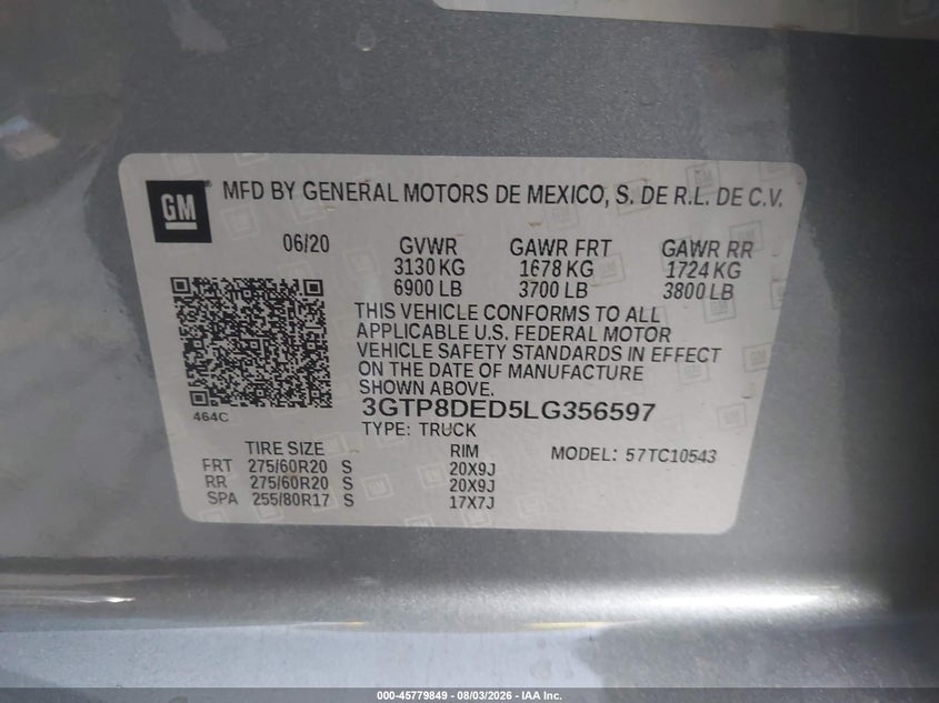 2020 Gmc SIERRA VIN 3GTP8DED5LG356597 IAAI salvage auction — RIGHT SIDE, Salvage (California), sold $13,000 on 2026-09-14 (photo 9)