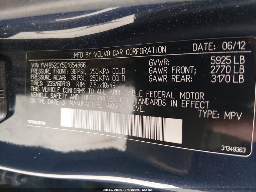 2013 Volvo Xc90 VIN YV4952CY5D1654866 IAAI salvage auction — RIGHT SIDE, Clear (Georgia), sold $450 on 2026-08-08 (photo 9)