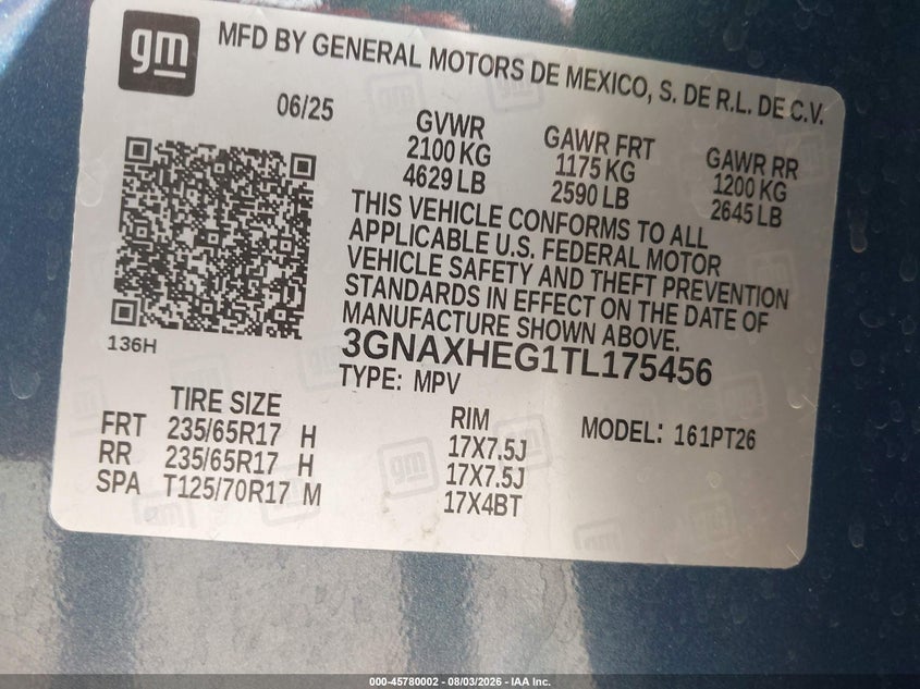 2026 Chevrolet Equinox VIN 3GNAXHEG1TL175456 IAAI salvage auction — UNKNOWN, Salvage Title, sold $7,075 on 2026-10-01 (photo 9)