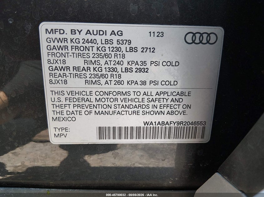 2024 Audi Q5 VIN WA1ABAFY9R2046553 IAAI salvage auction — LEFT SIDE, Salvage (Alabama), sold $12,300 on 2026-09-09 (photo 9)