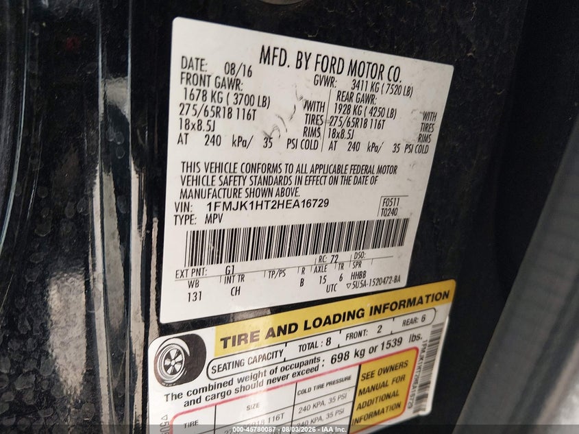2017 Ford Expedition VIN 1FMJK1HT2HEA16729 IAAI salvage auction — LEFT SIDE, Salvage Title, sold $1,575 on 2026-08-23 (photo 9)