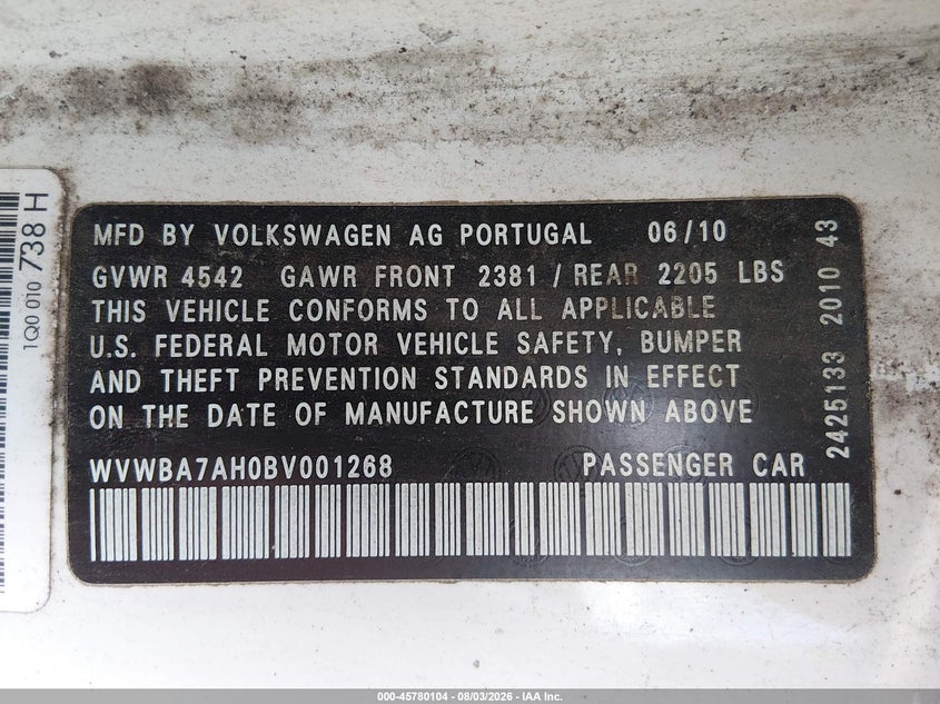 2011 Volkswagen Eos VIN WVWBA7AH0BV001268 IAAI salvage auction — NORMAL WEAR, Clear (Pennsylvania), sold $50 on 2026-08-11 (photo 9)