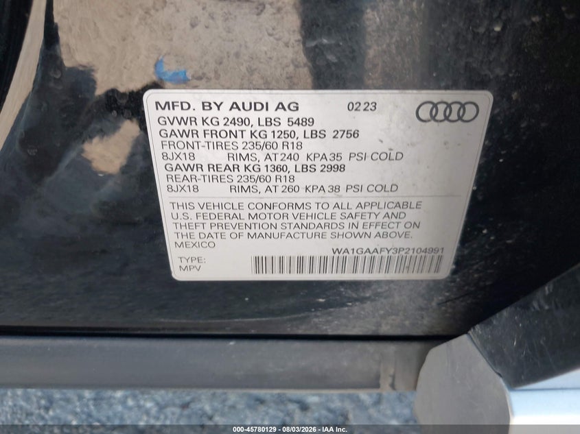 2023 Audi Q5 VIN WA1GAAFY3P2104991 IAAI salvage auction — LEFT FRONT, Salvage Title, sold $12,075 on 2026-09-30 (photo 9)