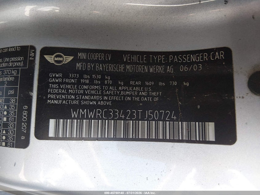 2003 Mini Cooper VIN WMWRC33423TJ50724 IAAI salvage auction — NORMAL WEAR, Clear - Dealer Only (California), sold $150 on 2026-08-10 (photo 9)