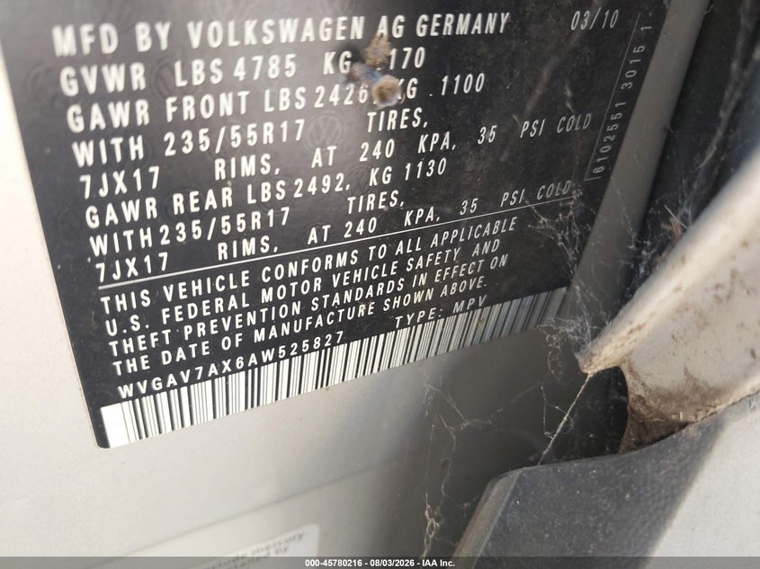 2010 Volkswagen Tiguan VIN WVGAV7AX6AW525827 IAAI salvage auction — NORMAL WEAR, Clear (Indiana), sold $1,300 on 2026-08-12 (photo 9)