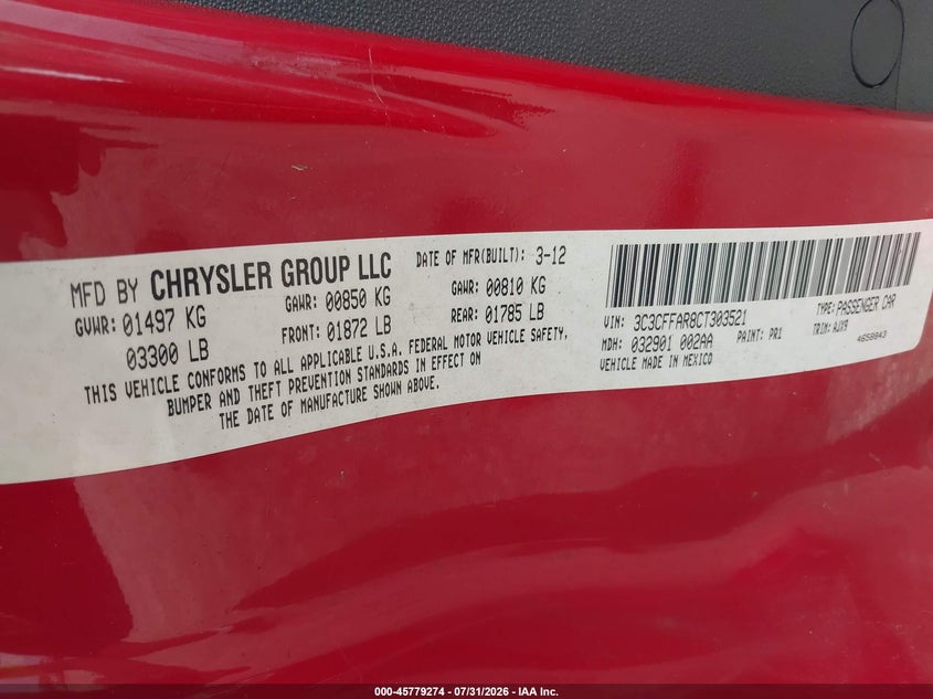 2012 Fiat 500 VIN 3C3CFFAR8CT303521 IAAI salvage auction — NORMAL WEAR, Clear (Illinois), sold $1,050 on 2026-08-15 (photo 9)