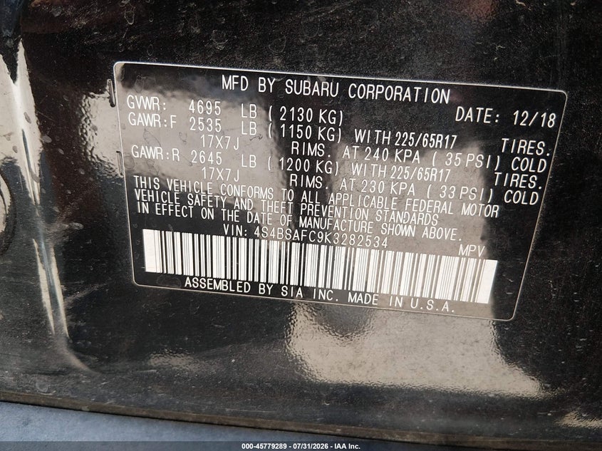 2019 Subaru Outback VIN 4S4BSAFC9K3282534 IAAI salvage auction — FRONT END, Salvage Title, sold $1,500 on 2026-10-03 (photo 9)
