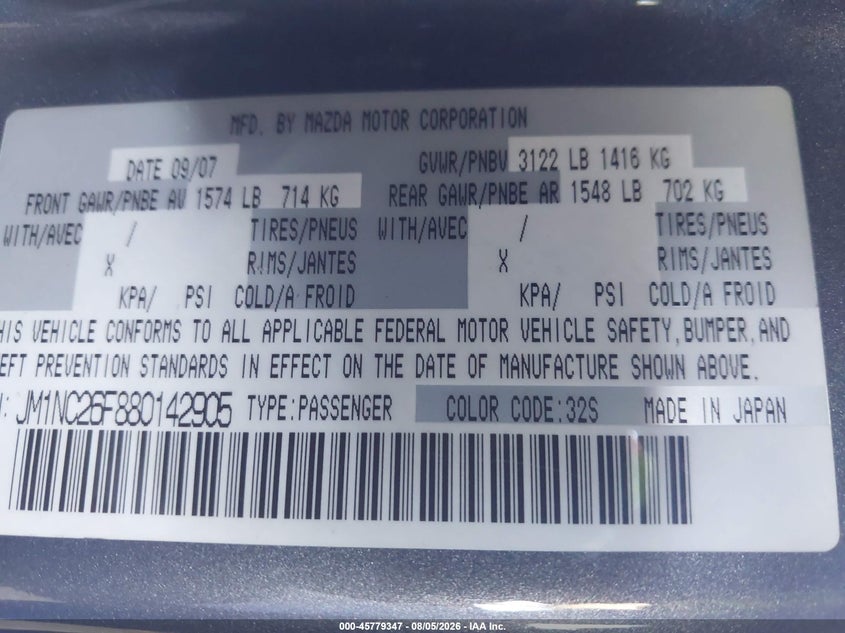 2008 Mazda Mx-5 VIN JM1NC26F880142905 IAAI salvage auction — FRONT & REAR, Salvage (California), sold $900 on 2026-08-31 (photo 9)