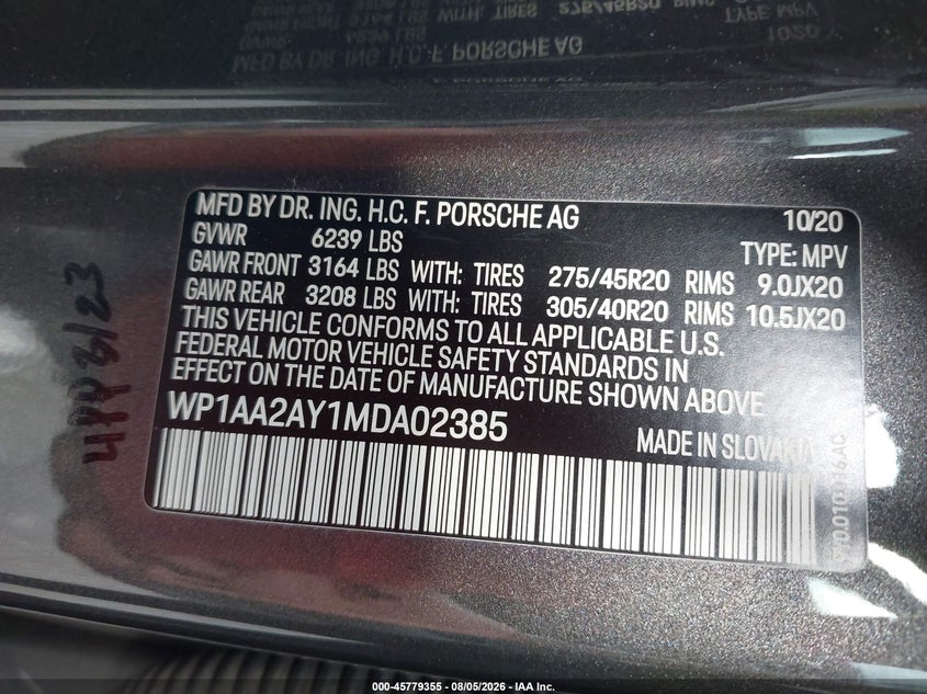 2021 Porsche Cayenne VIN WP1AA2AY1MDA02385 IAAI salvage auction — NORMAL WEAR, Clear (Tennessee), sold $17,600 on 2026-08-17 (photo 9)