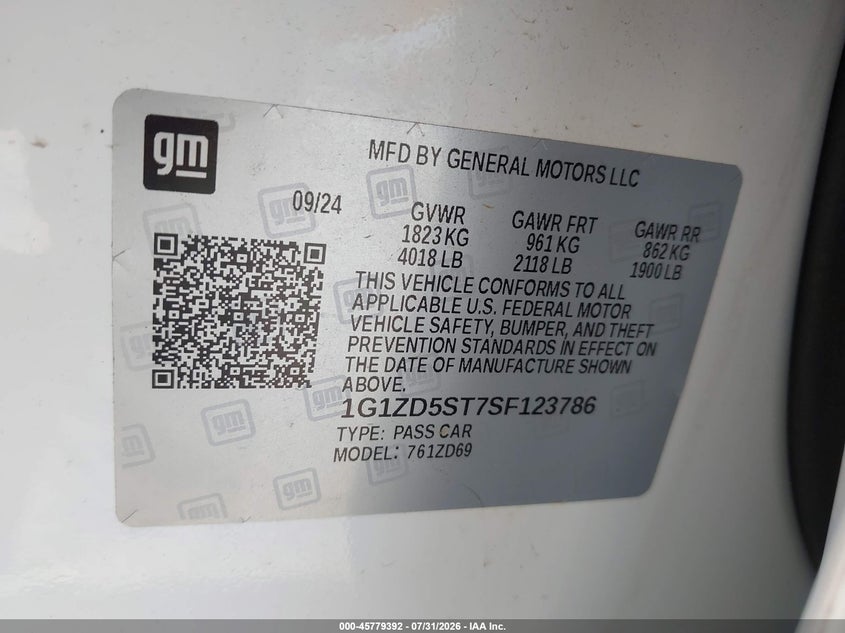 2025 Chevrolet Malibu VIN 1G1ZD5ST7SF123786 IAAI salvage auction — RIGHT REAR, Salvage Title, sold $10,500 on 2026-08-18 (photo 9)