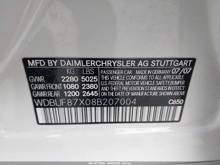 2008 Mercedes-benz E-klasse VIN WDBUF87X08B207004 IAAI salvage auction — FRONT & REAR, Salvage (North Carolina), sold $325 on 2026-08-20 (photo 9)