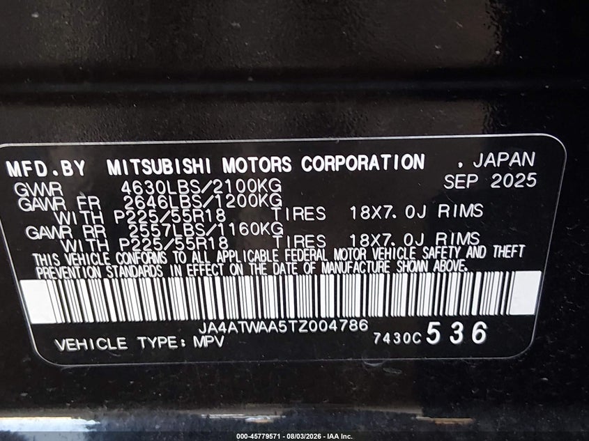2026 Mitsubishi Eclipse cross VIN JA4ATWAA5TZ004786 IAAI salvage auction — FRONT END, Enterprise Vehicles Clear Only (Louisiana), sold $14,200 on 2026-08-12 (photo 9)