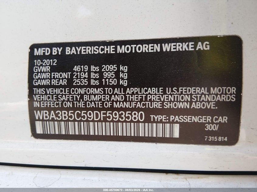 2013 BMW 3er VIN WBA3B5C59DF593580 IAAI salvage auction — FRONT END, Bill Of Sale (Washington), sold $1,700 on 2026-08-19 (photo 9)
