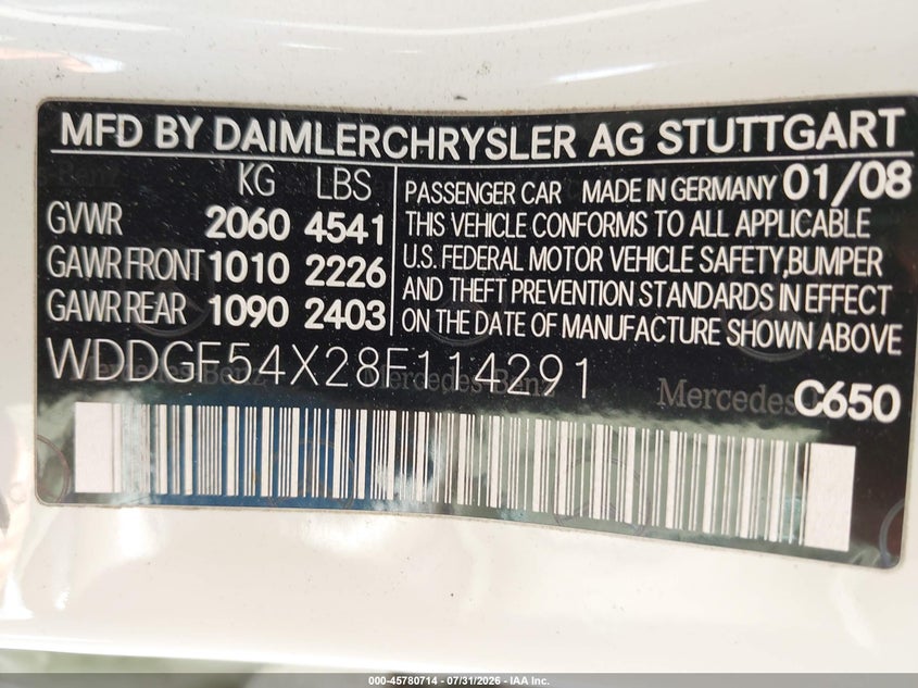 2008 Mercedes-benz C class VIN WDDGF54X28F114291 IAAI salvage auction — NORMAL WEAR, Clear - Dealer Only (California), sold $300 on 2026-08-11 (photo 9)