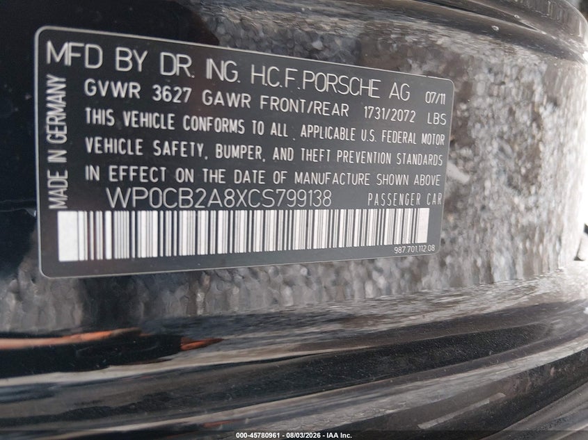 2012 Porsche Boxster VIN WP0CB2A8XCS799138 IAAI salvage auction — BIOHAZARD/CHEMICAL, Clear (Indiana), sold $7,400 on 2026-08-22 (photo 9)