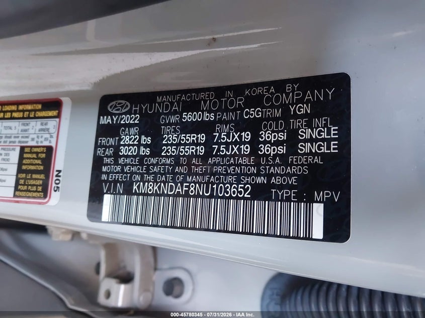 2022 Hyundai Ioniq 5 VIN KM8KNDAF8NU103652 IAAI salvage auction — FRONT & REAR, Salvage Title, sold $9,400 on 2026-08-14 (photo 9)