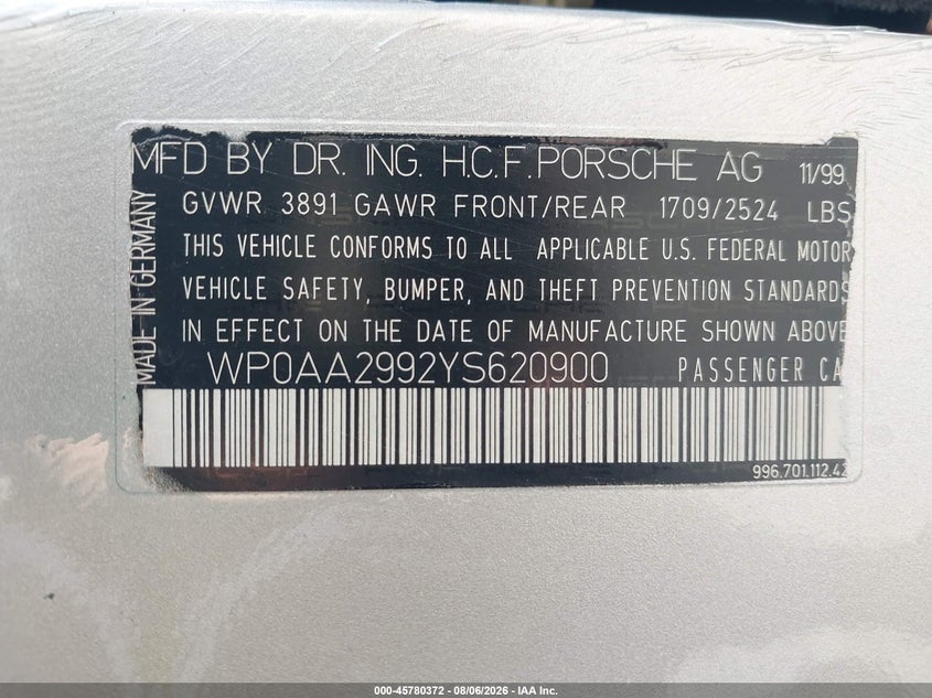 2000 Porsche 911 VIN WP0AA2992YS620900 IAAI salvage auction — RIGHT SIDE, Salvage Certificate (California), sold $4,550 on 2026-09-16 (photo 9)