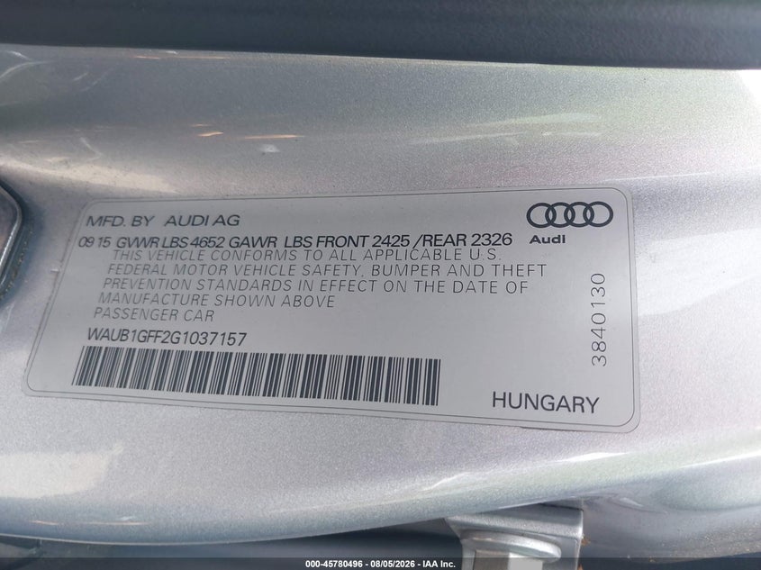2016 Audi S3 VIN WAUB1GFF2G1037157 IAAI salvage auction — RIGHT SIDE, Wait Title, sold $5,750 on 2026-09-08 (photo 9)