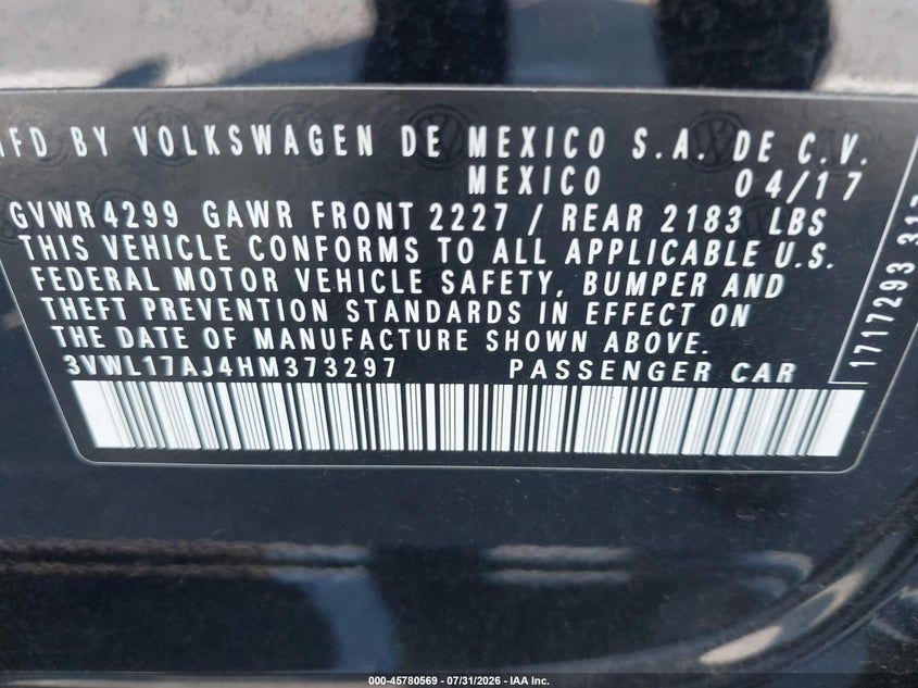 2017 Volkswagen Jetta VIN 3VWL17AJ4HM373297 IAAI salvage auction — LEFT FRONT, Salvage Title, sold $1,950 on 2026-09-16 (photo 9)