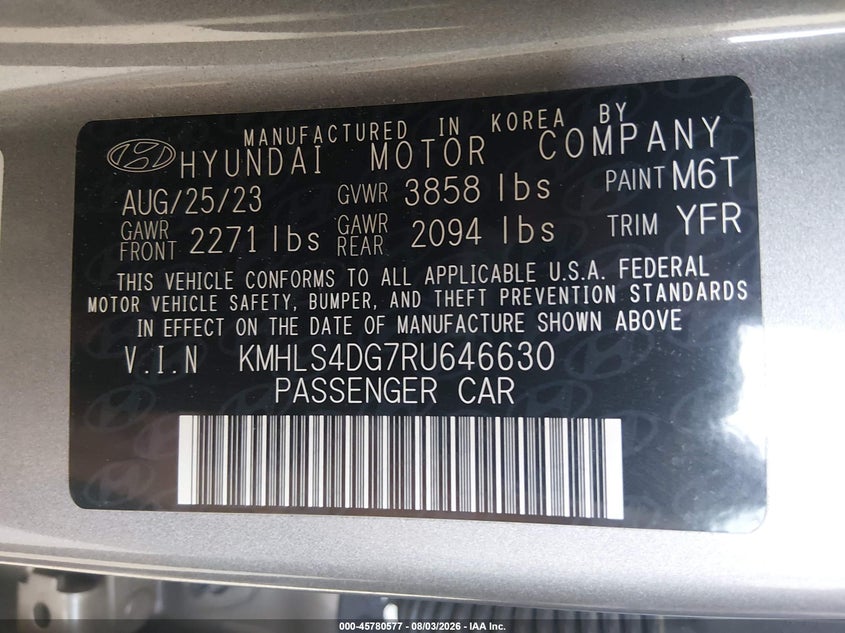 2024 Hyundai Elantra VIN KMHLS4DG7RU646630 IAAI salvage auction — LEFT SIDE, Bill Of Sale (Washington), sold $7,500 on 2026-08-26 (photo 9)