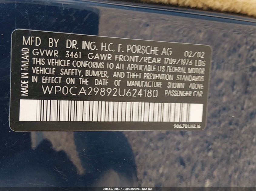 2002 Porsche Boxster VIN WP0CA29892U624180 IAAI salvage auction — NORMAL WEAR, Clear (Washington), sold $450 on 2026-08-19 (photo 9)