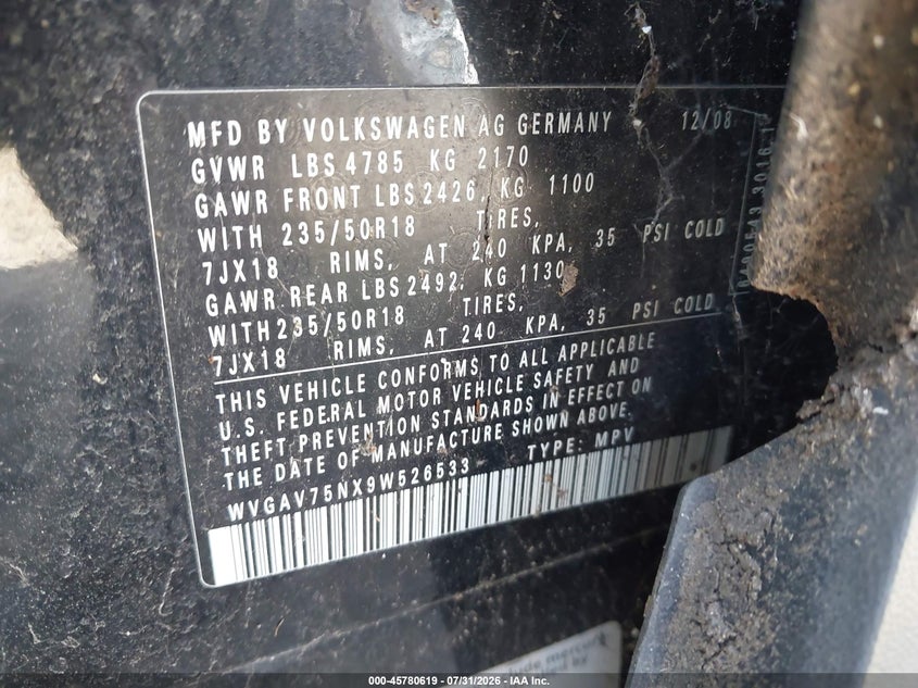 2009 Volkswagen Tiguan VIN WVGAV75NX9W526533 IAAI salvage auction — NORMAL WEAR, Original (Texas), sold $350 on 2026-08-11 (photo 9)