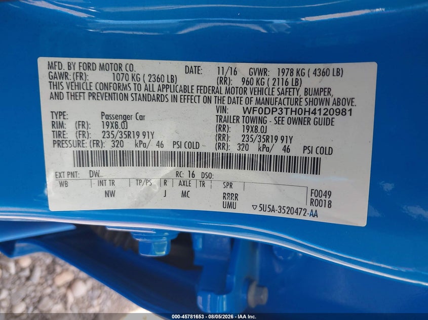 2017 Ford Focus rs VIN WF0DP3TH0H4120981 IAAI salvage auction — FRONT END, Wait Title, sold $8,100 on 2026-08-29 (photo 9)